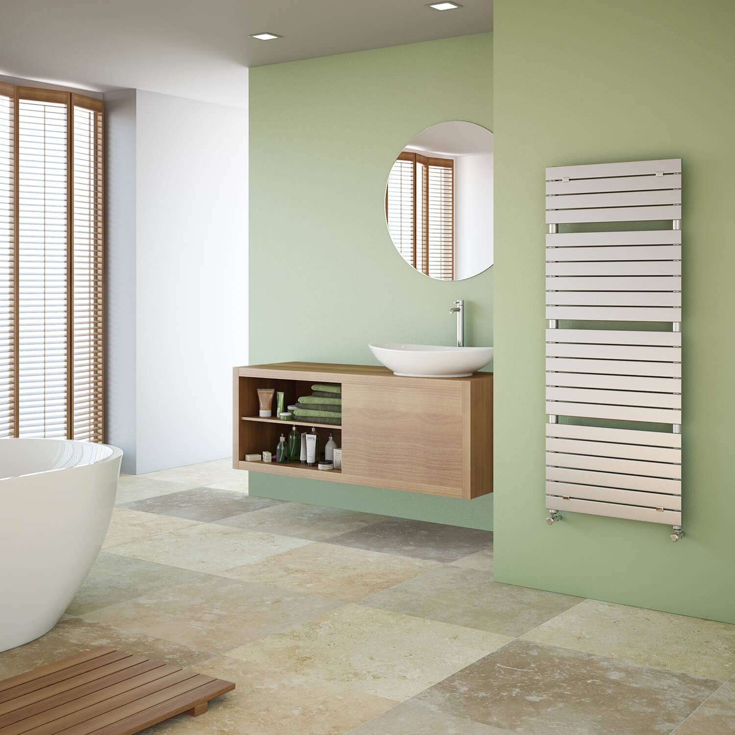 Stelrad's Concord Rail Radiator against a green wall in a family bathroom